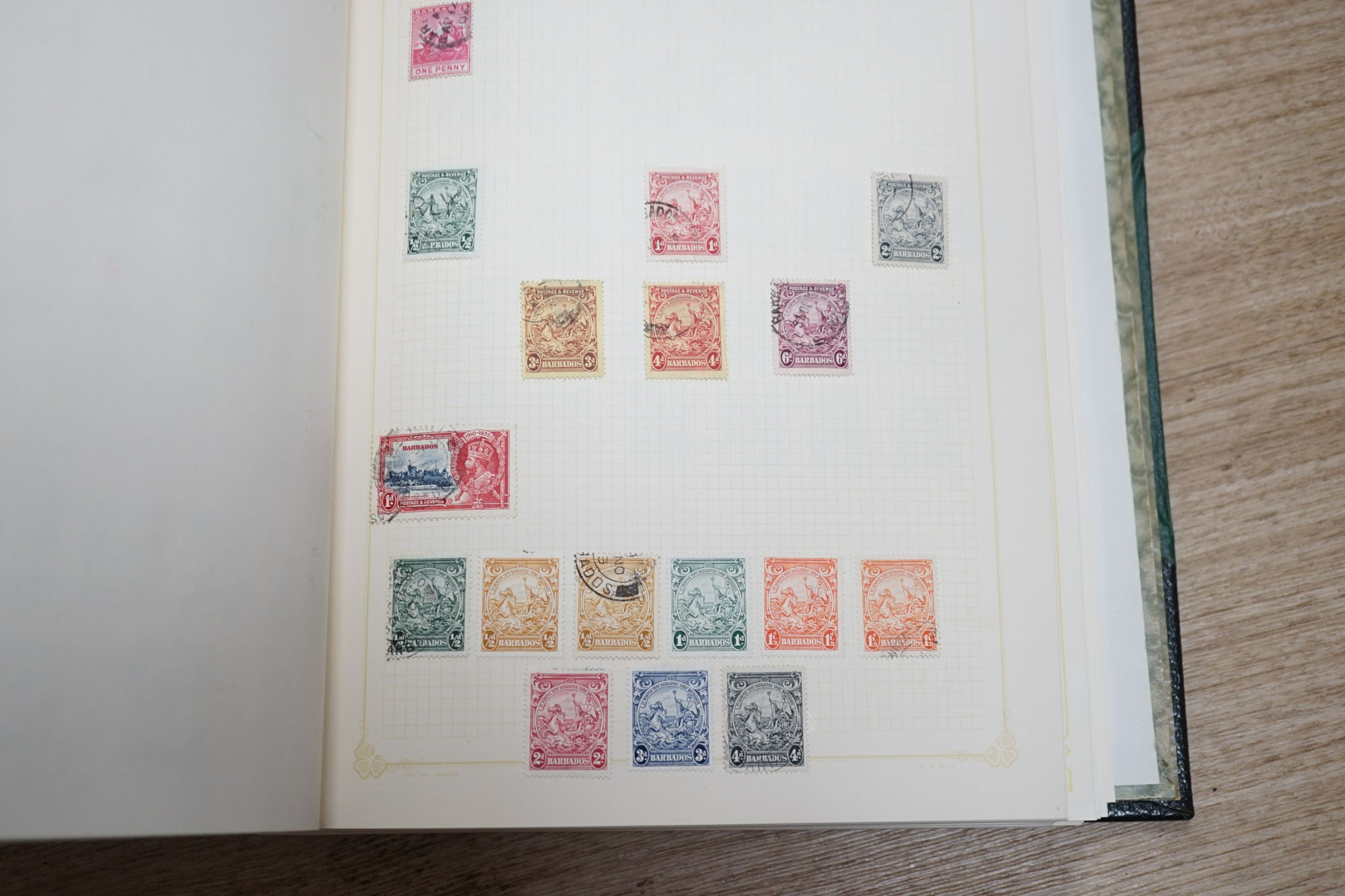 Album world stamps with Bechuanaland 1932 set - 10sh. mint, Bermuda, Falkland Is. 1938 set - £1 mint, G.B. 1d reds, Leeward Is. 1890- 5sh. mint, Swaziland 1933 set -10sh. mint, Virgin Is. German Colonies